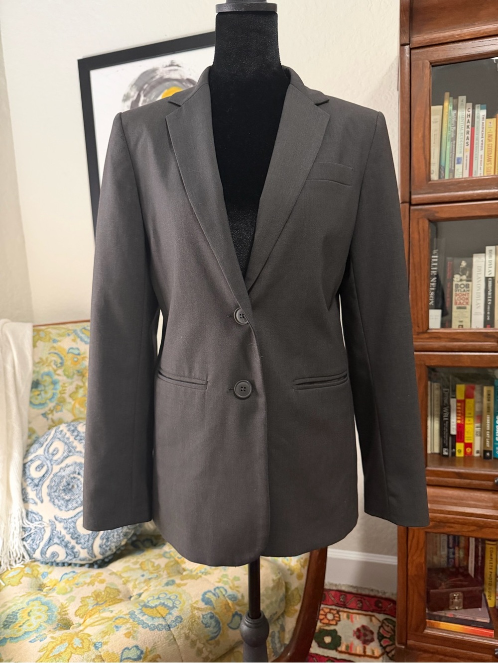 Norma Kamali Grey Heather Longline Blazer Size 6 Stretch Tailored Jacket